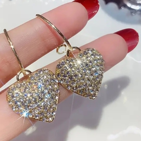 Gold Heart Earrings with Crystals Alloy Sparkling Rhinestones Hoops New - Picture 1 of 2